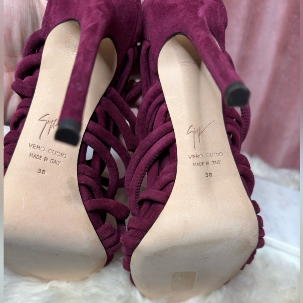 Giuseppe Zanotti Strappy Suede Burgundy Sandal Heel EU Size 38 - Picture 3 of 8